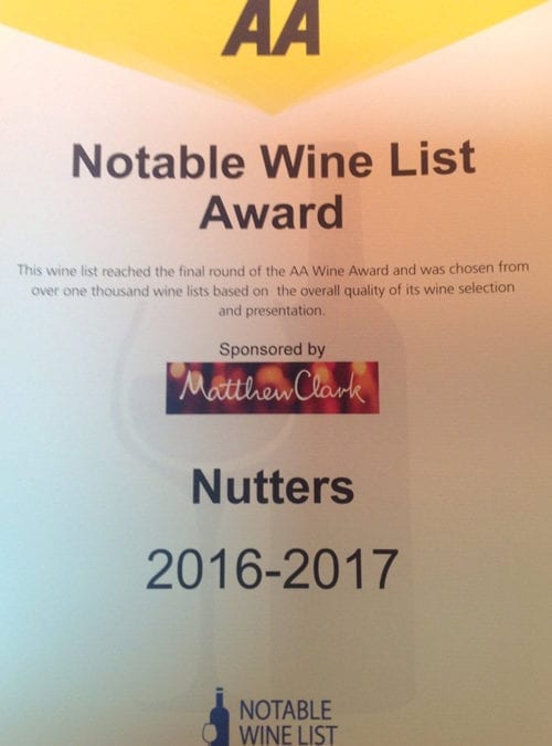 NUTTER WINS AA NOTABLE WINE LIST AWARD